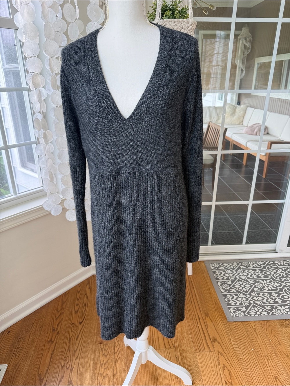 North Face Alpaca Wool Charcoal V-Neck Ribbed Knit Sweater Dress